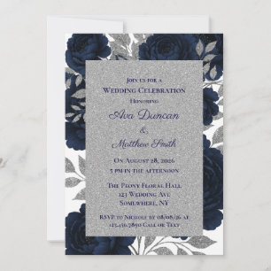 Navy Blue & Silver Leaves Wedding Celebration Invitation