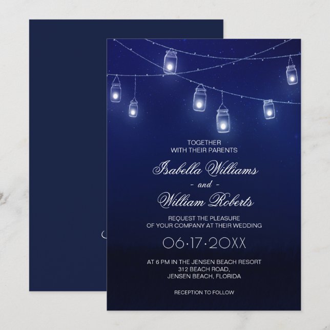 Navy Blue & Silver Mason Jar String Lights Wedding Invitation (Front/Back)
