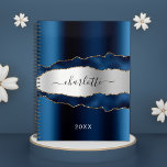 Navy blue silver metal agate marble name 2023 planner<br><div class="desc">Navy blue and faux silver metal and agate,  marble stone print as background.  Personalize and add your name. The name is written with a modern hand lettered style script.</div>