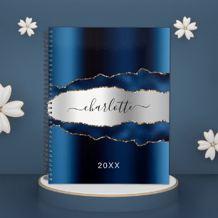 Navy blue silver metal agate marble name 2023 planner