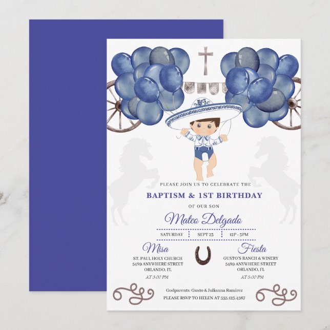 Navy Blue & Silver Mexican Baby Boy Charro Baptism Invitation (Front/Back)