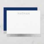 Navy Blue Silver Modern Bar Mitzvah Thank You Card<br><div class="desc">Bar Mitzvah and Bat Mitzvah Personalized Modern Thank You Note Cards with a simple and modern blue and silver grey border stripe and personalized name in a subtle unique fun font at the top. Coordinating items available in the Paper Grape Zazzle Designer Shop Bar Mitzvah Section. Edit the colours and...</div>