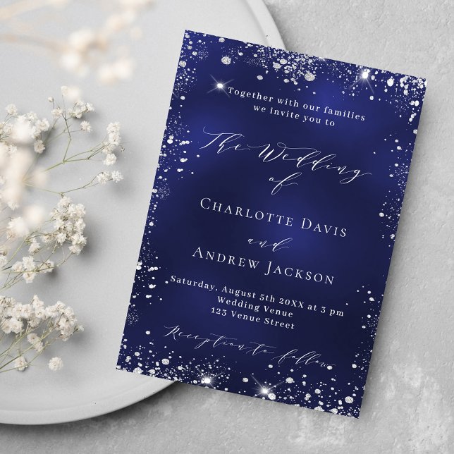 Navy blue silver modern script wedding invitation postcard (Creator Uploaded)