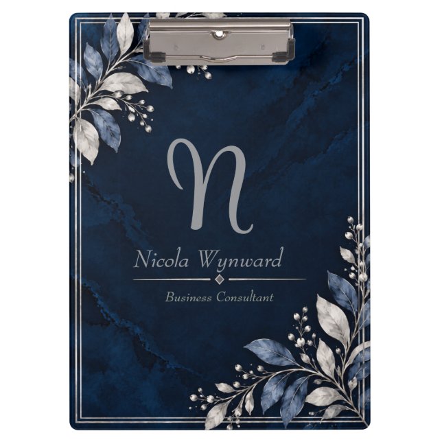 Navy Blue Silver Monogram Clipboard (Front)