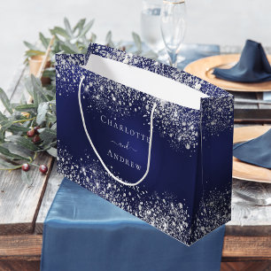 Navy blue silver name wedding large gift bag