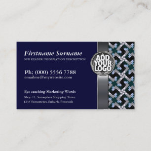 Navy Blue + Silver Pattern w/ Logo Business Cards