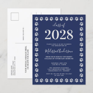  Navy Blue Silver Paw Prints Graduation  Invitation Postcard