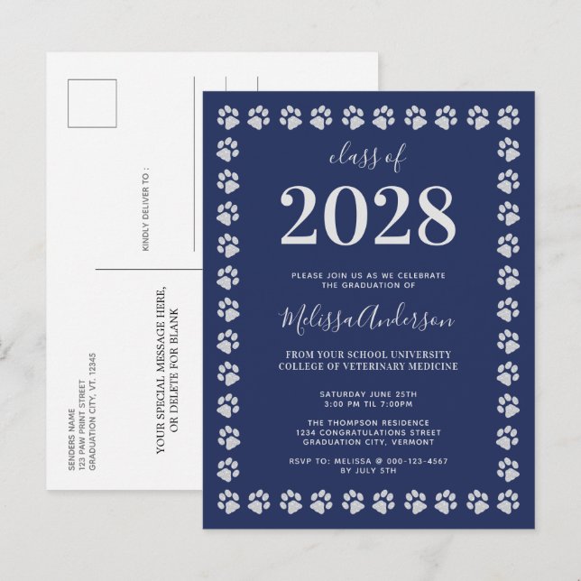  Navy Blue Silver Paw Prints Graduation  Invitation Postcard (Front/Back)