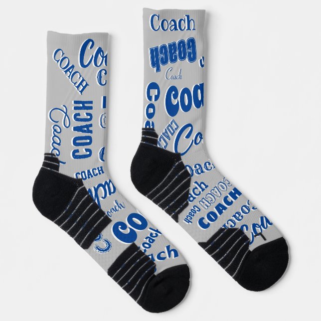 Navy Blue Silver Personalized Coach Gift Name Art Socks (Right)
