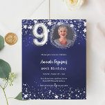 Navy blue silver photo 90th birthday invitation<br><div class="desc">A modern,  stylish photo invitation for a 90th birthday party.  A navy blue background,  decorated with stars. The blue colour is uneven. Personalize and add your photo and party details.  

1 sheet = 1 invitation printed edge to edge.</div>