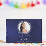 Navy blue silver photo glamourous birthday guest book<br><div class="desc">A guestbook for a feminine and glamourous 18th (or any age) birthday party.  A stylish navy blue background with faux silver glitter sparkles round the photo. The blue colour is uneven. Add your name,  age,  date and a photo.
Spine: add your own text.</div>