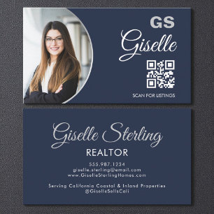 Navy Blue Silver Photo Monogram Realtor QR Code Business Card