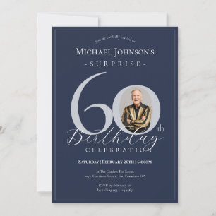 Navy Blue Silver Photo Surprise 60th Birthday Invitation