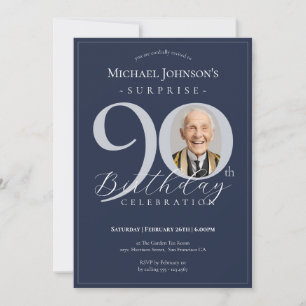 Navy Blue Silver Photo Surprise 90th Birthday Invitation