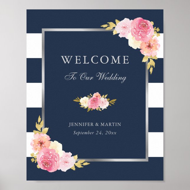 Navy Blue Silver Pink Floral Wedding Welcome Sign (Front)