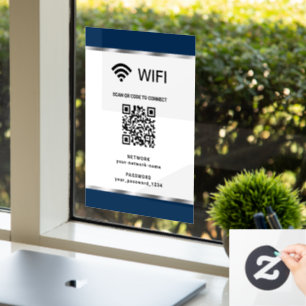 Navy Blue Silver QR Code Wifi Network and Password Window Cling