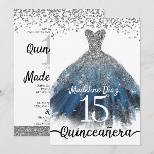 Navy Blue Silver Quinceanera Birthday Invitation