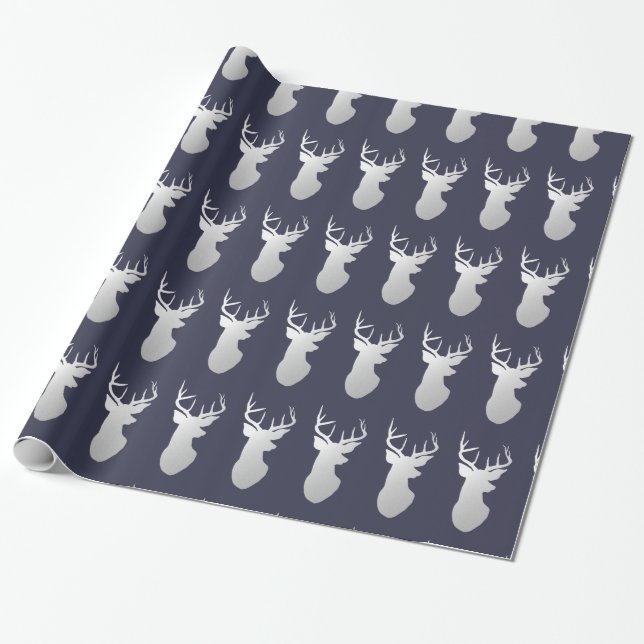 Navy Blue Silver Reindeers Christmas Pattern Wrapping Paper (Unrolled)