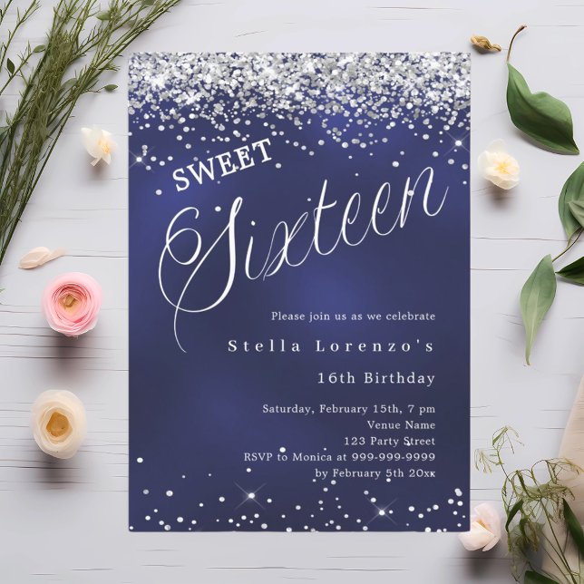 Navy blue silver script elegant Sweet 16 Invitation (Creator Uploaded)