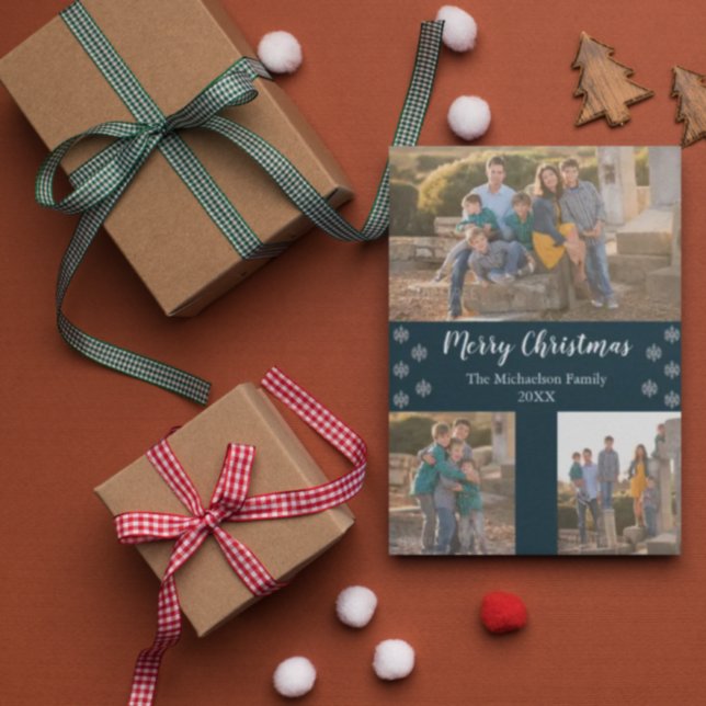 Navy Blue Silver Snowflake Christmas Collage Photo Holiday Card (Creator Uploaded)