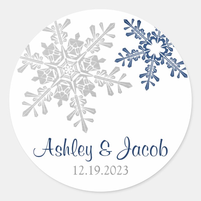 Navy Blue Silver Snowflake Wedding  Classic Round Sticker (Front)