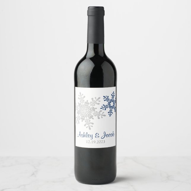 Navy Blue Silver Snowflake Wedding  Wine Label (Front)