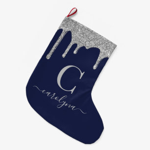 Navy Blue Silver Sparkle Glitter Drips Monogram Large Christmas Stocking