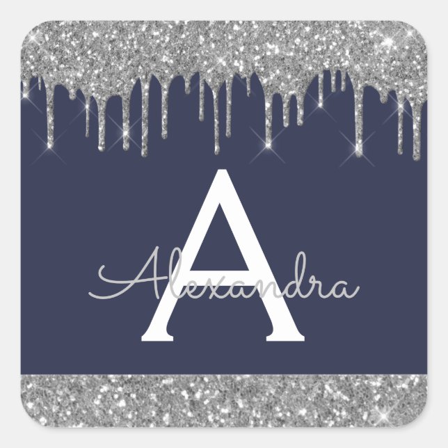 Navy Blue Silver Sparkle Glitter Monogram Square Sticker (Front)