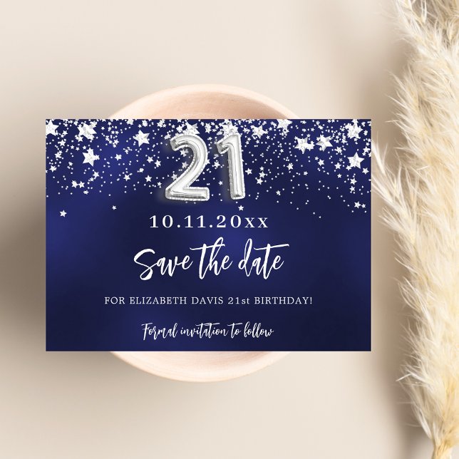Navy blue silver stars 21st birthday save the date (Creator Uploaded)