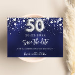 Navy blue silver stars 50th birthday save the date<br><div class="desc">A modern and elegant Save the Date for a 50th birthday part.   A navy blue background decorated with faux silver stars. Personalize and add a date and name. The blue colour is uneven.  The text: Save the Date is written with a large trendy hand lettered style script.</div>