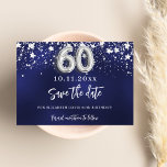Navy blue silver stars 60th birthday save the date<br><div class="desc">A modern and elegant Save the Date for a 60th birthday part.   A navy blue background decorated with faux silver stars. Personalize and add a date and name. The blue colour is uneven.  The text: Save the Date is written with a large trendy hand lettered style script.</div>
