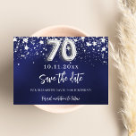 Navy blue silver stars 70th birthday save the date<br><div class="desc">A modern and elegant Save the Date for a 70th birthday part.   A navy blue background decorated with faux silver stars. Personalize and add a date and name. The blue colour is uneven.  The text: Save the Date is written with a large trendy hand lettered style script.</div>