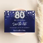 Navy blue silver stars 80th birthday save the date<br><div class="desc">A modern and elegant Save the Date for a 80th birthday part.   A navy blue background decorated with faux silver stars. Personalize and add a date and name. The blue colour is uneven.  The text: Save the Date is written with a large trendy hand lettered style script.</div>