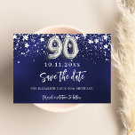 Navy blue silver stars 90th birthday save the date<br><div class="desc">A modern and elegant Save the Date for a 90th birthday part.   A navy blue background decorated with faux silver stars. Personalize and add a date and name. The blue colour is uneven.  The text: Save the Date is written with a large trendy hand lettered style script.</div>