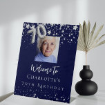 Navy blue silver stars photo 70th birthday welcome pedestal sign<br><div class="desc">A welcome sign for a feminine and glamourous 70th birthday party.  A navy blue background decorated with stars.  Personalize and add a photo and name.  Number 70 is written with a balloon style font in faux silver.</div>