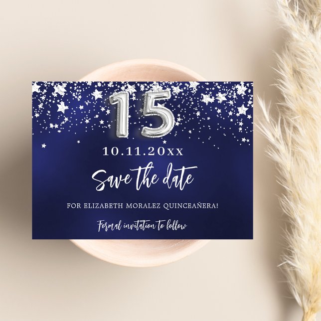 Navy blue silver stars Quinceanera Save The Date (Creator Uploaded)