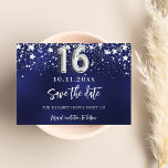 Navy blue silver stars Sweet 16 Save The Date<br><div class="desc">A modern and elegant Save the Date for a Sweet 16,  16th birthday part.   A navy blue background decorated with faux silver stars. Personalize and add a date and name. The blue colour is uneven.  The text: Save the Date is written with a large trendy hand lettered style script.</div>