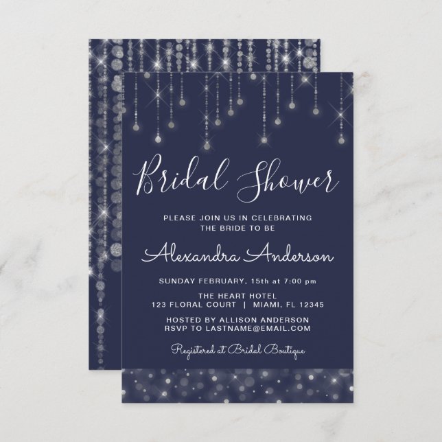 Navy Blue Silver String Lights Bridal Shower Invitation (Front/Back)