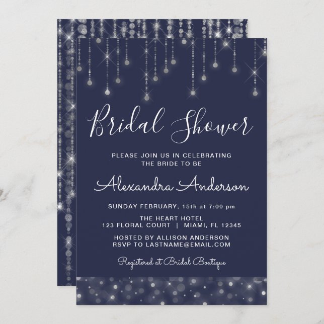 Navy Blue Silver String Lights Bridal Shower Invitation (Front/Back)