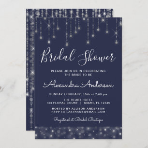 Navy Blue Silver String Lights Bridal Shower Invitation