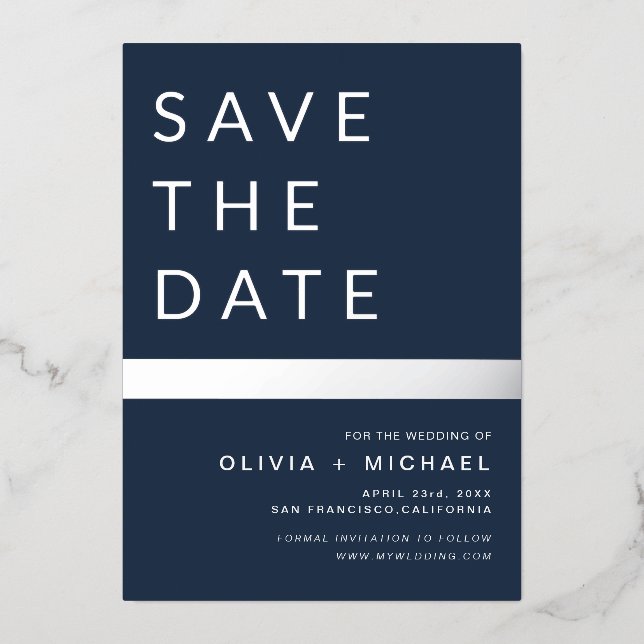 Navy Blue Silver Stripe Save the Date Elegant  (Front)
