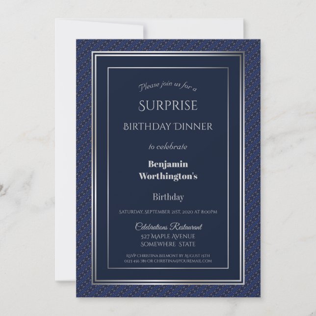 Navy Blue Silver Surprise Birthday Dinner Party Invitation (Front)