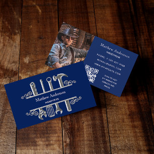 Navy blue silver tools home repairs photo QR code Business Card