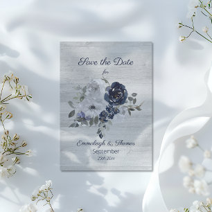 Navy Blue Silver Watercolor Floral Save the Date