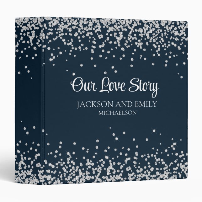 Navy Blue Silver Wedding Love Story Binder (Front/Spine)