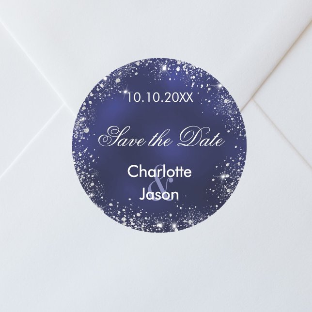 Navy blue silver wedding Save the Date Classic Round Sticker (Creator Uploaded)