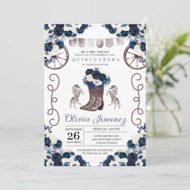 Navy Blue Silver Western Charra Boots Quinceañera Invitation (Standing Front)