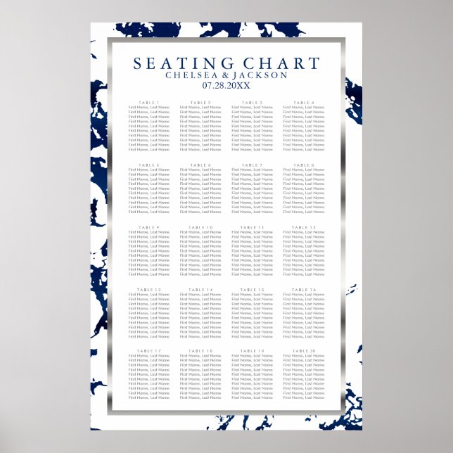 Navy Blue, Silver & White - 20 Seating Chart (Front)