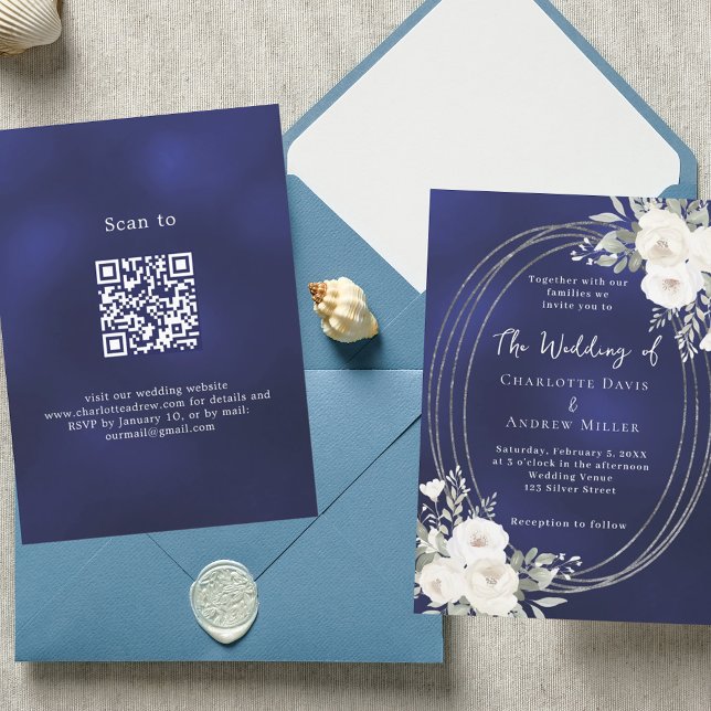 Navy blue silver white florals wedding QR RSVP Invitation (Creator Uploaded)