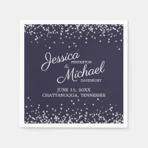 Navy Blue Silver White Glitter Wedding Reception Napkin